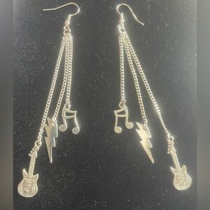 Silver Toned Music Note Lightening Guitar Chain Earrings